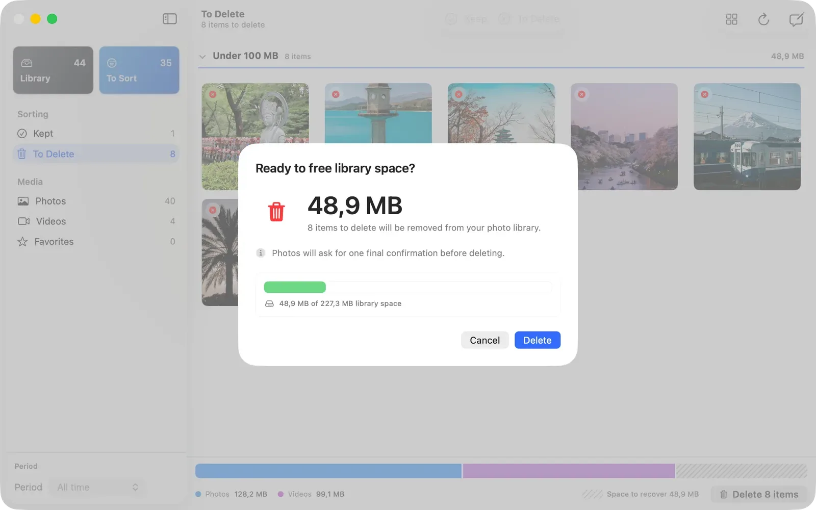 LightRoll deletion confirmation showing selected items and the amount of space to recover